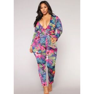 Fashion Nova-Paradise Flower Jumpsuit-2X-Royal Blue & Multicolored floral